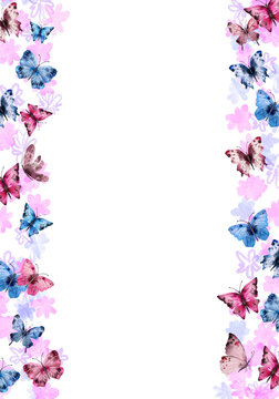 Spring watercolor floral background with butterflies. Digitally hand painted PNG transparent illustration