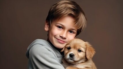 A boy with a dog. Child with Cute puppy. Portrait. Studio. Blue background.