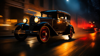 A black retro car drives through the night city in dynamics, blurred background, motion effect