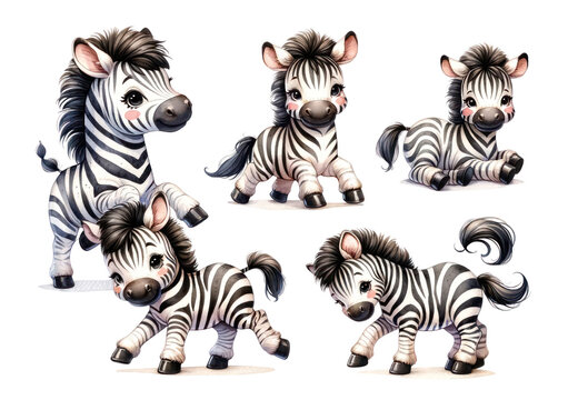 set of watercolor cute safari zebra isolated on white background