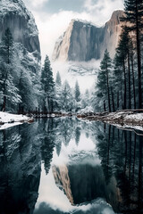 Snowy mountains and trees reflected in a clear lake under a cloudy sky, creating a serene, mirror-like winter scene, ai generative