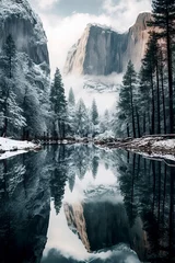 Tableaux ronds sur aluminium brossé Half Dome Snowy mountains and trees reflected in a clear lake under a cloudy sky, creating a serene, mirror-like winter scene, ai generative