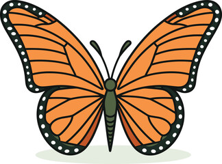 Orange and black monarch butterfly with white spots on wings. Detailed insect close-up on a white background. Nature and spring concept vector illustration.