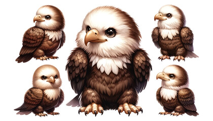 Fototapeta premium set of watercolor cute Bald Eagle isolated on transparent background