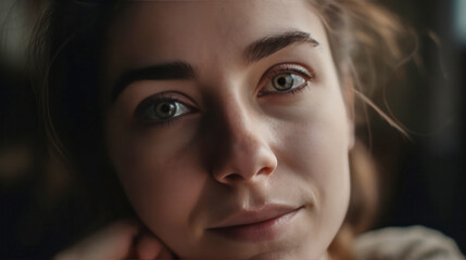 Fototapeta premium Portrait of pretty Caucasian woman with green eyes looking at camera. created with ai