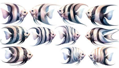 set of watercolor cute Angelfish isolated on transparent background