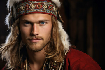 Fototapeta premium A handsome man in traditional clothes symbolizing country and cultural heritage generative Ai