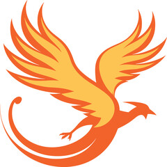 Orange phoenix bird in flight with spread wings and tail. Mythical fire bird soaring gracefully vector illustration.