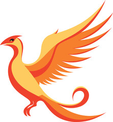 Stylized orange phoenix in flight with elegant wings and tail. Mythical fire bird rising, symbol of rebirth. Majestic phoenix design for fantasy themes vector illustration.
