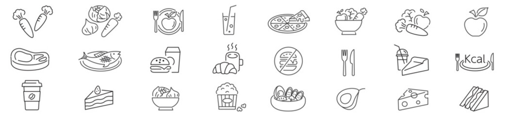 Healthy vegetable salad, food, poke bowl, Wellness,  Breakfast, Fish, Apple, Carrot, Juice, Cake, Coffee, Meal, Burger, Pizza, line icons set collection, Vector