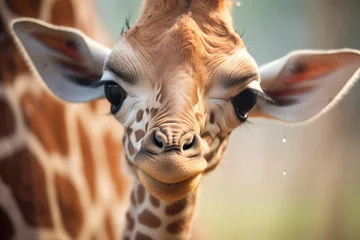 Tuinposter close-up of a newborn giraffes face with mother behind © studioworkstock