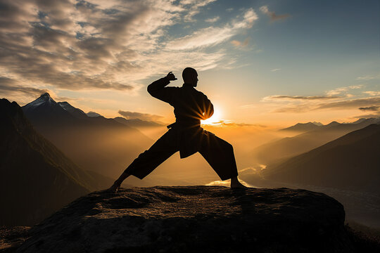 Generative AI picture of experienced karate fighter club martial arts traditional clothes training