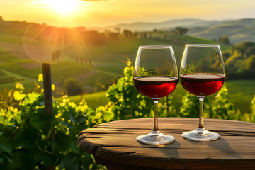 Two glasses of red wine on a table outdoors, with Tuscan landscape in the background