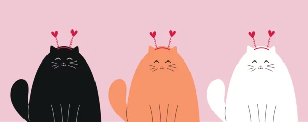 Fotobehang set of three vector st valentines day cartoon cats in heart headbands. black, red, white romantic kawaii cats in love. cute funny hand drawn kittens on pink background © Karina