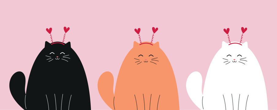 set of three vector st valentines day cartoon cats in heart headbands. black, red, white romantic kawaii cats in love. cute funny hand drawn kittens on pink background