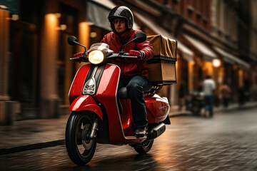Fototapeta na wymiar Delivery man in uniform on motorcycle, fast delivery concept