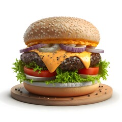 Hamburger, cheeseburger, chicken burger, burger with lettuce, cheese, bacon, pickle, tomato, sauce, onion. White isolated background.