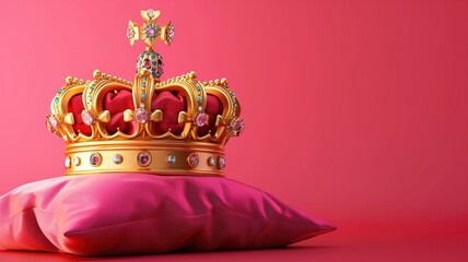 Royal golden crown with jewels on a pillow on isolated background, Symbols of UK, generative ai - obrazy, fototapety, plakaty