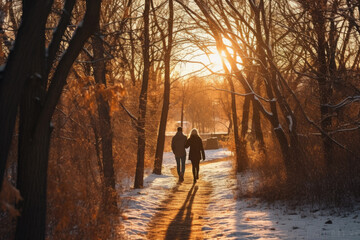 Man and woman walking in the park at sunset. Winter season.