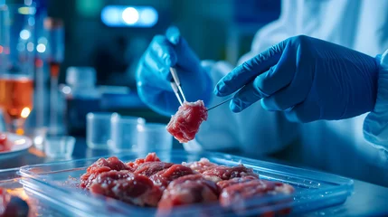 Fotobehang Artificial Cultivation of Beef from a Test Tube in a Laboratory. Organic Meat Concept in Vitro. Vegan Food. © Anastasia Boiko