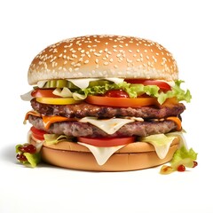 Stacked hamburger, cheeseburger, chicken burger, burger with lettuce, cheese, bacon, pickle, tomato, sauce, onion. Illustration, white isolated background.