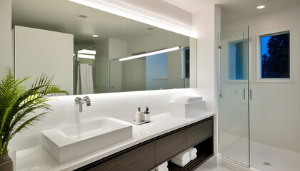 Fototapeta premium Contemporary bathroom with nighttime lighting featuring shower bathtub mirror and washstand