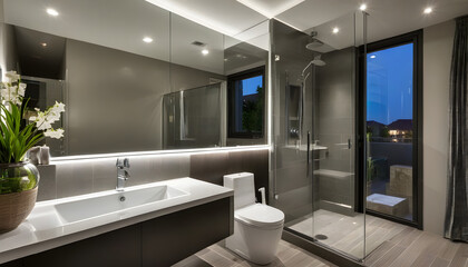 Contemporary bathroom with nighttime lighting featuring shower bathtub mirror and washstand
