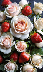 Beautiful background with roses and strawberries. AI