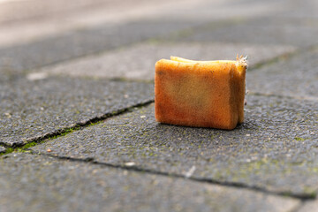 an old sponge on a footpath