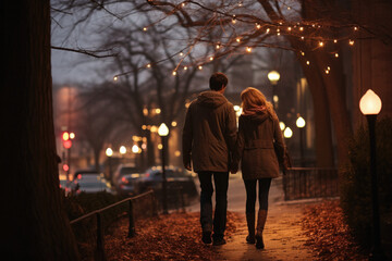 Young couple in love walking on the street at night, back view.