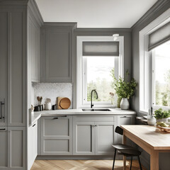 Gray kitchen, glass cabinet with clean dishes and decor. Scandinavian style kitchen interior. Organization of storage in kitchen.