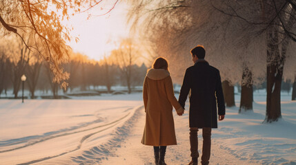 Couple walking in winter park. Back view of young man and woman holding hands and looking at each other.