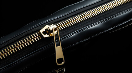 Black Leather Bag with Yellow Metal Zipper: Stylish Accessory Detail