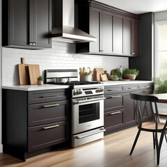 illustration of a modern kitchen with dark colored cabinets and a stainless steel stove