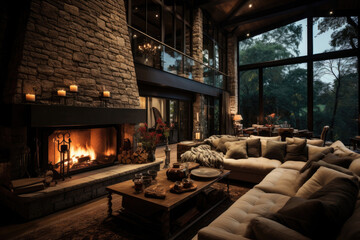 Fireplace in a luxury living room interior