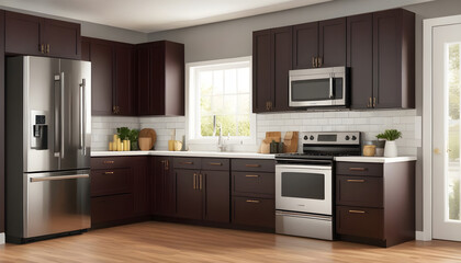 illustration of a modern kitchen with dark colored cabinets and a stainless steel stove