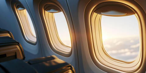 Fototapeta premium Close-up of a group of airplane windows against a sky of clouds. Airplane cabin. Generative AI