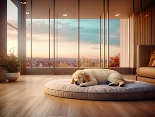 Sleeping Labrador Puppy in Modern Living Room: New Pet Concept
