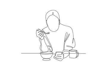 Obraz premium Woman breakfast while playing smartphone. Meal minimalist concept