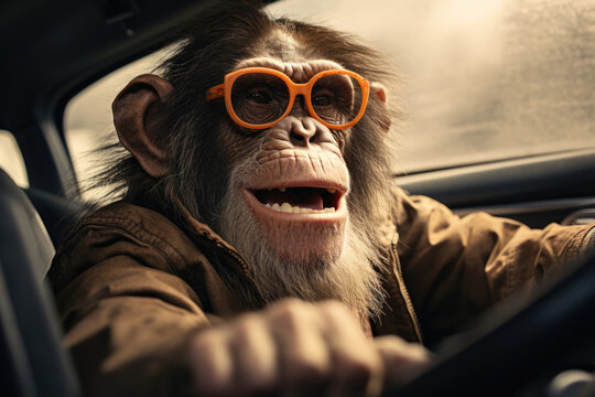 monkey driving a car, holding the steering wheel