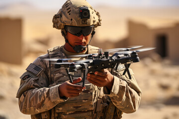 Soldier operator of a military drone launches a drone for reconnaissance of enemy territory - obrazy, fototapety, plakaty
