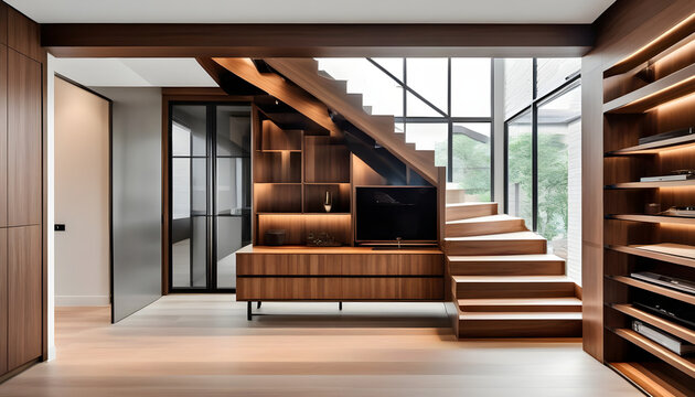 Luxury contemporary interior design in a multi storey home with sleek wooden stairs and custom cabinets under them for storage