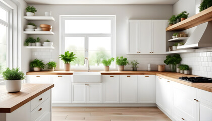 Fototapeta premium Modern kitchen interior with white furniture and wood countertops cabinets shelves and cupboards. Green pot plants big window. Farmhouse country house design ideas
