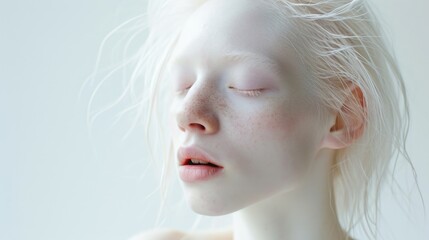 Beautiful albino woman exuding grace and elegance against a white backdrop. - obrazy, fototapety, plakaty