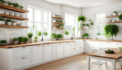 Modern kitchen interior with white furniture and wood countertops cabinets shelves and cupboards. Green pot plants big window. Farmhouse country house design ideas