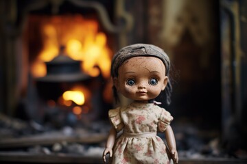 old-fashioned doll with blackened eyes in a burnt room