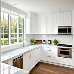 Modern kitchen with corner window and white cabinets