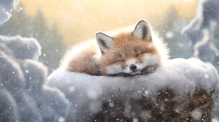 Obraz na płótnie Canvas a cute fox cub sleeps in the wild against the background of winter, snow is falling, the incredible beauty of winter wildlife