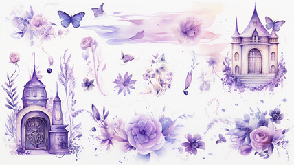 set collection of purple delicate accessories of a fairy princess watercolor drawing isolated on a white background  soft lavender color