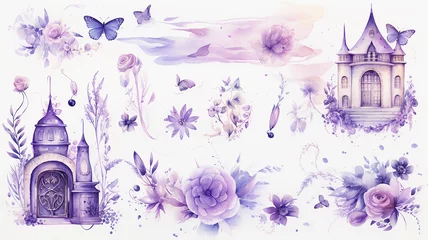Foto op Canvas set collection of purple delicate accessories of a fairy princess watercolor drawing isolated on a white background  soft lavender color © kichigin19
